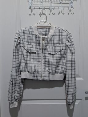 Cropped White Plaid Bomber Jacket With Puff Sleeves - Women